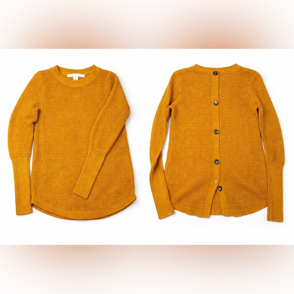 Max Studio Mustard Knit Sweater Crewneck Button Back Women's Small
